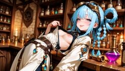 ai_generated artist:baconman55 blue_eyes blue_hair blushing exposed_breasts goggles_on_head hair_rings leaning_back multiple_braids oc potion pulling_clothing small_breasts tongue_out white_robe