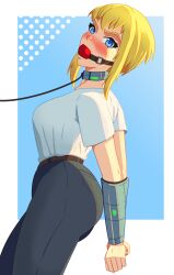 1girls arms_behind_back ball_gag blonde_hair blue_eyes bondage bound bound_arms collar female female_only femsub fully_clothed gag gagged leash metal_collar png puffpow steel_bondage