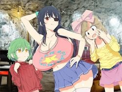 aged_down aged_up april_fools breast_envy breast_expansion cave eye_patch haruka_(senran_kagura) hikage_(senran_kagura) large_breasts mirai_(senran_kagura) pose senran_kagura sideboob thiccerwaifus thick_thighs