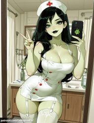 1girl ai_generated arlequin097 bare_shoulders black_hair black_lips black_nails breasts buttons cellphone cleavage collarbone colored_skin disney disney_channel double-breasted dress female_pov garter_straps green_eyes green_skin hat holding holding_phone indoors kim_possible large_breasts lipstick long_hair looking_at_viewer makeup mirror nurse nurse_cap phone reflection selfie shego short_dress skindentation smartphone smile solo thick_thighs thighhighs thighs v white_dress white_garter_straps white_thighhighs