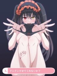 1girl black_hair blush breasts completely_nude date_a_live heterochromia holding_panties large_breasts long_hair looking_at_viewer otozato_yomi panties red_eyes sitting smile solo spread_legs thigh_focus thighs tokisaki_kurumi twintails yellow_eyes