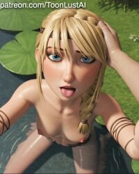 1girl absurd_res ahegao ai_generated areolae arm_wraps astrid_hofferson blonde_hair blue_eyes blush body_focus braid breast_focus clitoris completely_nude detailed_background dreamworks erect_nipples female female_only from_above glossy_skin hand_in_hair hand_on_head highres how_to_train_your_dragon labia lake light-skinned_female light_skin lily_pads long_hair looking_at_viewer looking_up nature navel nipples nude open_mouth outdoor patreon_username perky_breasts pond pussy pussy_focus seductive shiny_skin small_breasts solo thick_thighs tongue tongue_out water wet wet_skin wide_hips