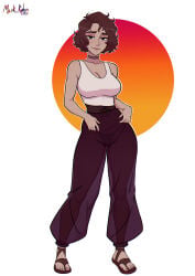 1girls ass belly_button breasts brown_eyes brown_hair brown_skin cleavage female female_focus female_only freckles freckles_on_ass freckles_on_body freckles_on_breasts freckles_on_chest freckles_on_face freckles_on_shoulders hi_res latina navel oc original original_character panties pants sandals see-through_clothing see-through_pants shirt short_hair thighs transparent_clothing transparent_pants tummy