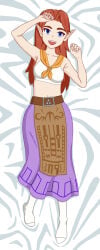 1girl 1girls anime anime_girl anime_style apron arms_up bed belt big_eyes blanket blue_eyes bra breasts collarbone collarbones dakimakura dakimakura_(medium) dakimakura_design elbows eye_contact eyebrows eyebrows_visible_through_hair eyes fanart fantasy from_above from_front from_front_position hands hands-free happy happy_female light-skinned_female light_skin long_hair long_skirt lying lying_on_back lying_on_bed malon medium_breasts mouth mouth_open navel neckerchief ocarina_of_time oracle_of_seasons orange_hair purple_skirt red_hair scarf sharp_teeth shirtless shirtless_female shoulder_length_hair skinny skirt socks teeth teeth_showing teeth_visible the_legend_of_zelda tongue tummy underwear white_bra white_underwear