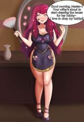 apron bare_legs big_breasts bow breasts cleavage collarbone dialogue feather_duster female_only femsub fire_emblem fire_emblem_engage hair_ornament happy_trance heart heart-shaped_pupils heart_eyes high_heels housewife love maledom naked_apron nintendo pink_eyes red_hair ribbon smeef solo speech_bubble standing stepfordization symbol_in_eyes text very_long_hair yunaka_(fire_emblem)