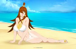 alternate_costume arm_support bare_shoulders beach big_breasts bikini blue_sky breasts breasts_bigger_than_head brown_hair busty cleavage clouds curvaceous curvy curvy_body curvy_figure earrings eyeshadow feet footwear green_eyes hair_over_one_eye highleg highleg_bikini huge_breasts jewelry landscape large_breasts light-skinned_female light_skin lipstick long_hair lying makeup mature mature_female mei_terumi midriff naruto naruto_(series) naruto_shippuden navel ocean on_side open_toe_shoes outdoors patreon_username posing sand sandals shiny shiny_hair shiny_skin shore skindentation sky smile solo solo_female solo_focus stayaliveplz swimsuit text tied_hair toes topknot url veil very_long_hair water web_address wide_hips