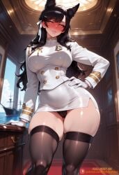 1girl ai_generated animal_ears artist_name ass_visible_through_thighs atago_(azur_lane) azur_lane black_hair black_panties black_thighhighs blush breasts cameltoe extra_ears gloves hair_ribbon hand_on_own_hip indoors large_breasts lips long_hair long_sleeves looking_at_viewer military military_uniform miniskirt mole mole_under_eye panties parted_lips patreon patreon_username pencil_skirt ribbon skindentation skirt smile solo swept_bangs tagme_(artist) thick_thighs thighhighs thighs underwear uniform white_gloves yellow_eyes
