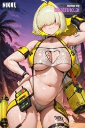 1girl abs ai_assisted ai_generated anime_coloring anime_screencap ass beach bikini blonde_hair choker devious devious_smile elegg_(nikke) from_below g_string hair_intakes hair_over_eyes highleg_bikini large_breasts muscle_definition nsfw oiled_body proud punk purple_eyes screencap seductive seductive_look serious short_hair standing sultry toned topless upper_body wide_hips