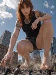 ai_generated brown_hair cityscape destruction giantess jean_shorts light-skinned_female original_character tank_top tattoed_girl