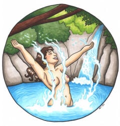 a-gnosis bathing breasts breasts_out brunette brunette_hair greek_mythology happy hera hera_(greek_mythology) joyful lake natural_breasts nature nature_background nude nude_female nudity smile smiling splashing spring swimming water waterfall