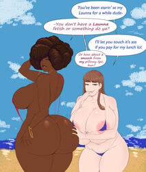 1girls afro areolae ass_vs_breasts big_ass big_breasts bikini dark-skinned_female dark_skin dat_ass earrings fat_ass franktonius huge_ass huge_breasts launna_(franktonius) light_skin looking_at_viewer massive_ass massive_breasts nipple_bulge round_ass ryn_(franktonius) seductive sling_bikini thick_lips thick_thighs wide_hips