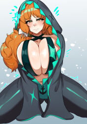 1girls absurdres anger_vein animal_hood bikini blind_obsession_ishmael_(limbus_company) blush bow breasts closed_mouth dream-devouring_siltcurrent e.g.o_(project_moon) freckles green_eyes hair_bow highres hood huge_breasts ishmael_(project_moon) kneeling limbus_company long_hair looking_at_viewer navel orange_hair project_moon shark_hood sieroo simple_background solo spoken_anger_vein swimsuit