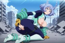 1girl ai_generated anus ass blue_bodysuit blue_eyes blue_hair blue_sky bodysuit boots breasts breasts_out building clenched_teeth cloud day digitalwaifugallery drill_hair full_body gloves hair_horns hand_on_own_ass hi_res high_quality high_resolution large_breasts light_blue_hair looking_at_viewer looking_back my_hero_academia nejire_hado nipples outdoors patreon pussy ruins seductive sexy short_hair skin_tight sky solo teeth torn_bodysuit torn_clothes twin_drills uncensored watermark yellow_gloves