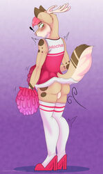 2021 air_manipulation anthro antlers balls biped blush bottomwear canid canine canis cervid cheerleader cheerleader_outfit clothed clothing digital_media_(artwork) domestic_dog elemental_manipulation english_text fur genitals grumpy_griffin_creations hair heart hi_res horn hybrid looking_back male mammal pom_poms raised_tail simple_background skirt solo standing surprise text upskirt wind_lift