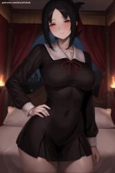 1girl ai_generated bangs black_dress black_hair black_legwear blush breasts collarbone covered_navel cowboy_shot curtains dress folded_ponytail hair_ribbon hand_on_hip hi_res high_quality high_resolution indoors kaguya-sama_wa_kokurasetai_~tensai-tachi_no_renai_zunousen~ large_breasts long_sleeves looking_at_viewer on_bed pantyhose parted_bangs patreon patreon_username red_eyes red_ribbon ribbon school_uniform seductive sexy shinomiya_kaguya shuuchiin_academy_uniform sidelocks smile solo uncensored watermark web_address
