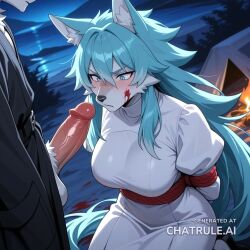 1boy absurdly_long_hair ai_assisted ai_generated anime_screencap blood_splatter blue_eyes campsite close_up firelight flaccid_penis frowning furry furry_male high_quality juliet_sleeves kneeling long_sidelocks long_sleeves looking_at_penis night outside shirou_ogami upper_body white_dress white_robe wolf_ears