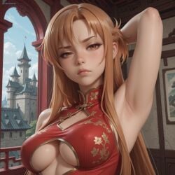 ai_generated annoyed_expression armpits arms_up asuna_(sao) cleavage medium_breasts syngornai