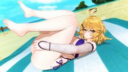 1girls ahoge beach beach_towel blonde_hair blue_bikini cyan_eyes dokibird head_wings indie_virtual_youtuber laying_on_back legs_held_up looking_at_viewer loshi small_breasts vtuber
