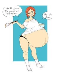 1girls big_breasts cross-crescent ellie_(hellbrain) female female_only freckles green_eyes hyper_belly hyper_pregnancy navel outie_navel pregnant red_hair short_hair socks solo solo_focus t-shirt text thick_thighs thong whisk