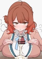 1boy 1girls arararajru36 big_breasts blush breasts clothed clothed_paizuri cum ejaculation female gakuen_idolmaster hanami_ume idolmaster looking_at_viewer male paizuri penis titjob