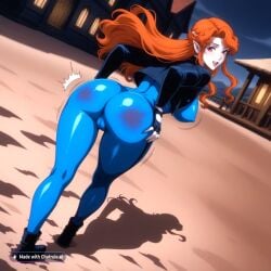 1990s 1girl ai_assisted ai_generated anime_coloring back_view beach big_breasts blue_bodysuit bodysuit bouncing_breasts bright_pupils building camel_toe cropped_jacket curvy dutch_angle dynamic_angle earrings erect_nipples eyelashes fingerless_gloves full_body gloves grabbing_butt hair_ornament happy hip_focus jacket lips looking_at_viewer looking_back looking_behind motion_lines open_mouth orange_hair pale_skin pointy_ears red_eyes shiny_skin smile vampire