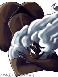 arched_back ass_up big_ass black_woman crop_top dark-skinned_female fat_ass marvel marvel_comics no_sex ororo_munroe resting_on_arms somethinsour storm_(x-men) thick_thighs thong unamused white_eyebrows white_eyes white_hair x-men