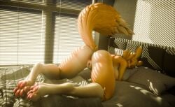 3d_(artwork) absurd_res anthro anus bandai_namco bed bedroom blacklya bodily_fluids butt digi_(yourdigimongirl) digimon digimon_(species) digital_media_(artwork) female fluffy fluffy_tail furniture genital_fluids genitals hi_res on_bed pawpads paws renamon solo spread_anus spread_butt spread_legs spread_vulva spreading tail vaginal_fluids vulva wet