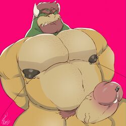 1:1 1boy 2021 anthro anthro_only balls bara beard bodily_fluids body_hair bowser chest_hair erection eyebrows facial_hair gay genital_fluids genitals hair hairy hands_behind_back hi_res horn humanoid_genitalia humanoid_penis koopa male male_only mario_(series) musclegut muscular muscular_anthro muscular_male navel nintendo nipple_fetish nipple_piercing nipple_play nipple_pull nipples nude one_eye_closed pecs penis piercing pink_background precum pubes scalie shadowmatamori signature simple_background solo urethral video_games