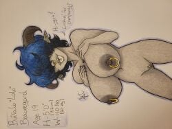 big_breasts blue_hair character_sheet chikknwings clitoris_piercing demon demon_girl dialogue elf_ears grey_skin hair_over_eyes horns nose_piercing nose_ring original original_character pierced_nipples piercing pointy_ears sharp_teeth shortstack skinny tagme tongue_out tongue_piercing traditional_media_(artwork)