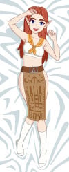 1girl 1girls anime anime_girl anime_style apron arms_up bed belt big_eyes blanket blue_eyes bra breasts collarbone collarbones dakimakura dakimakura_(medium) dakimakura_design elbows eye_contact eyebrows eyebrows_visible_through_hair eyes fanart fantasy from_above from_front from_front_position hands hands-free happy happy_female hips knees knees_together light-skinned_female light_skin long_hair lying lying_on_back lying_on_bed malon medium_breasts mouth mouth_open navel neckerchief no_pants ocarina_of_time oracle_of_seasons orange_hair red_hair scarf sharp_teeth shoulder_length_hair skinny socks teeth teeth_showing teeth_visible the_legend_of_zelda tongue triforce tummy underwear white_bra white_underwear without_pants