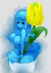 blue_eyes blue_hair blue_skin blue_slime blue_theme breasts colored_skin cup female flower highres in_container in_cup large_breasts long_hair minigirl monster_girl nijitama_shiyushiyu nipples original slime_girl solo tentacle_hair v_arms