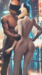 1girl1boy anonymous_male ass big_ass big_breasts big_thighs black_nails celty_sturluson durarara!! facing_away helmet holding_arm holding_shoulder hourglass_figure light-skinned_female light_skin muscular_male nester8sk nude nude_female nude_male
