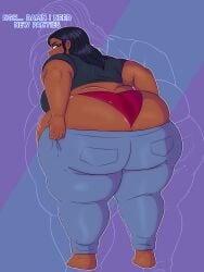 1girls ass_expansion backboob belly_expansion big_ass big_belly big_breasts breast_expansion dark-skinned_female dark_skin dialogue expansion jeans katmissk4tt666 panties putting_clothes_on ripped_panties struggling_to_fit tagme weight_gain