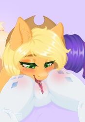 applejack_(mlp) blush butt clothing cunnilingus duo equid equine eyelashes female female/female feral friendship_is_magic genitals green_eyes hasbro hat headgear headwear hi_res horse looking_down mammal my_little_pony mycandybun nude oral rarity_(mlp) sex vaginal vulva