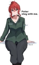 aka_mochi_chan blush clothed english_text green_eyes jean_grey marvel marvel_cinematic_universe pants pouting red_hair sadie_sink shirt spider-man:_brand_new_day spider-man_(series) tied_hair variant_set white_background x-men