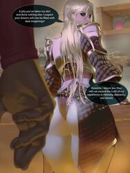 1boy 1girls angelise_reiter artist_request big_ass blonde_hair blue_eyes earrings english_text exposed_ass exposed_panties final_fantasy final_fantasy_xiv looking_over_shoulder oc original_character tagme text white_hair