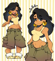 2026 baggy_pants brown_eyes brown_skin earrings eyebrows_visible_through_hair eyes_visible_through_hair hips oc original_character tagme