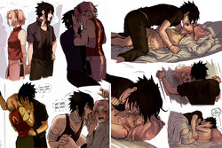 1boy 1boy1girl 1girls ambiguous_penetration bandage bare_back bed_sheet black_hair blush ceejss close-up clothing english_text female_on_bottom female_penetrated kiss kissing kissing_neck male/female male_on_top male_penetrating naruto naruto:_road_to_ninja naruto_(series) naruto_shippuden neck_kiss no_bra panties penetration pillow pillow_grab pink_hair pinned pinned_arms pinned_down romantic sakura_haruno sasuke_uchiha straight text text_bubble tongue tongue_kiss