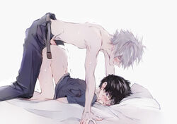 2boys age_difference anal anal_penetration anal_sex ass ass_up basset_hound_position bed black_hair blush bottom_up bottomless brown_hair brown_hair_bottom clothed_sex clothing cute_male doggy_style domination gay human human_only kaworu_nagisa light_hair_on_dark_hair male male/male male_focus male_on_male male_only male_penetrated male_penetrating maledom malesub neon_genesis_evangelion older_dom_younger_sub older_penetrating_younger on_bed pain pants_open penis sex shinji_ikari shivering silver_hair sweatdrops topless trembling white_hair white_hair_on_brown_hair white_hair_top yaoi