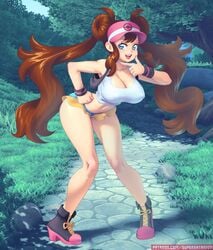 1girls alternate_breast_size ass baseball_cap bent_knees big_ass blue_eyes boots booty_shorts breasts brown_hair cleavage clothed clothing curvy detailed_background female female_only fusion hair hairbun hand_on_hip hilda_(pokemon) laced_boots large_breasts lips lipstick long_hair microskirt midriff navel nintendo nipple_bulge open_smile pokemon pokemon_bw pokemon_bw2 pose rosa_(pokemon) rosilda shoes short_shorts shorts smile solo solo_female supersatanson tank_top thick_thighs twintails vest visor_cap wristband