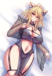 1girl ahoge animal_ear_fluff animal_ears babydoll bangs bed_sheet blonde_hair blush breasts cat_ears catgirl cleavage covered_nipples eyebrows_visible_through_hair female_only garter_belt garter_straps hair_between_eyes hair_ornament large_breasts long_hair looking_at_viewer lying navel on_back parted_lips red_eyes see-through short_hair solo squchan_(vtuber) thighhighs underwear virtual_youtuber volk_(bo-tan) vyugen