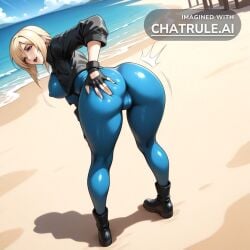 1990s 1girl ai_assisted ai_generated aya_brea back_view beach big_breasts blonde_hair blue_bodysuit blue_eyes bodysuit bouncing_breasts building camel_toe cropped_jacket curvy dutch_angle dynamic_angle erect_nipples fingerless_gloves full_body gloves grabbing_butt happy hip_focus jacket looking_at_viewer looking_back looking_behind motion_lines open_mouth shiny_skin smile spanking_butt standing toned_body underbutt wide_hip winking
