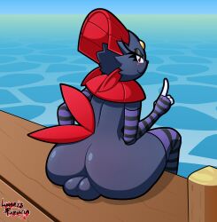 2026 absurd_res anthro arm_warmers armwear backsack balls balls_touching_floor big_butt butt clothing digital_media_(artwork) femboy generation_4_pokemon genitals hi_res legwear looking_at_viewer luna_(lunaris_parukia) lunaris_parukia male meme mostly_nude nintendo outside pattern_arm_warmers pattern_armwear pattern_clothing pattern_legwear pattern_thigh_highs pier pokemon pokemon_(species) pokemorph public public_exposure raised_finger rear_view sea sky stockings striped_arm_warmers striped_armwear striped_clothing striped_legwear striped_thigh_highs stripes thigh_highs water weavile you_may_spank_it_once