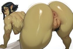 ai_generated anus areolae ass big_ass black_hair breasts female female_only hair monster muscular muscular_female nipples nude open_mouth open_smile orc orc_female pubes pussy simple_background smile solo sweat teeth thick_thighs voluptuous wide_hips yashugai