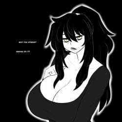 1girls asking_for_it big_breasts black_background black_hair black_shirt breast_focus breasts cleavage english english_text female female_only green_eyes hair huge_breasts large_breasts looking_at_viewer mature mature_female mature_woman milf mother ponytail renee_graves sharp_teeth shirt solo solo_female sweat sweatdrop text the_coffin_of_andy_and_leyley tied_hair topwear truelordpotato upper_body upper_body_focus