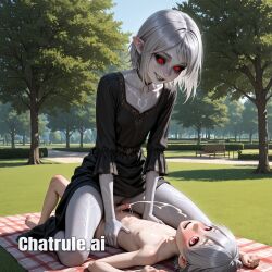 1girl ai_assisted ai_generated black_dress colored_sclera cowgirl_position cum cute full_body futanari little_penis mother_and_daughter outdoors park projectile_cum red_eyes sex size_difference skyrim small_penis smile sunny