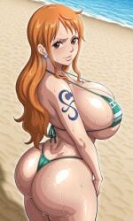 1girls ai_generated beach beach_background beach_towel big_ass big_breasts bikini bikini_bottom bikini_top brown_eyes curvy curvy_body curvy_female curvy_figure earrings huge_ass huge_breasts large_ass large_breasts light-skinned_female light_skin long_hair looking_at_viewer mature_female micro_bikini milf nami_(one_piece) one_piece orange_eyes orange_hair seductive seductive_look seductive_smile shiny shiny_skin solo solo_female sweat thong thong_bikini wet wet_body
