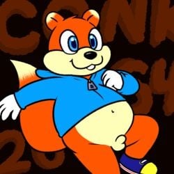 1:1 1boy anthro balls belly belly_button blue_eyes bottomless buckteeth clothed clothing conker conker's_bad_fur_day erection footwear fur genitals gloves handwear hoodie male male_only mammal navel nishi_oxnard penis rareware rodent sciurid shoes slightly_chubby small_balls small_penis smile solo teeth topwear tree_squirrel video_games