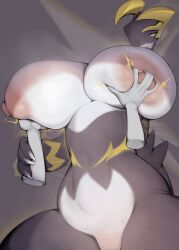 1girls anthro areola areolae big_breasts black_body breast_grab breasts disembodied_hands female groping groping_breasts hand_on_breast horn huge_breasts large_areolae nipples nude onm11 orserk pal_(species) palworld pocketpair puffy_nipples simple_background solo