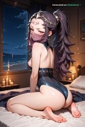 1girl ai_assisted ai_generated all_fours anime_screenshot annoyed barefoot beach bikini candle_light candles covered_erect_nipples dark_room fire_emblem forehead_mark half_closed_eyes highres hotel_room leotard looking_at_viewer looking_back_at_viewer mouth_veil night nyx_(fire_emblem) on_all_fours on_bed parted_lips ponytail shade shy small_ass small_breasts soles solo viewed_from_behind window